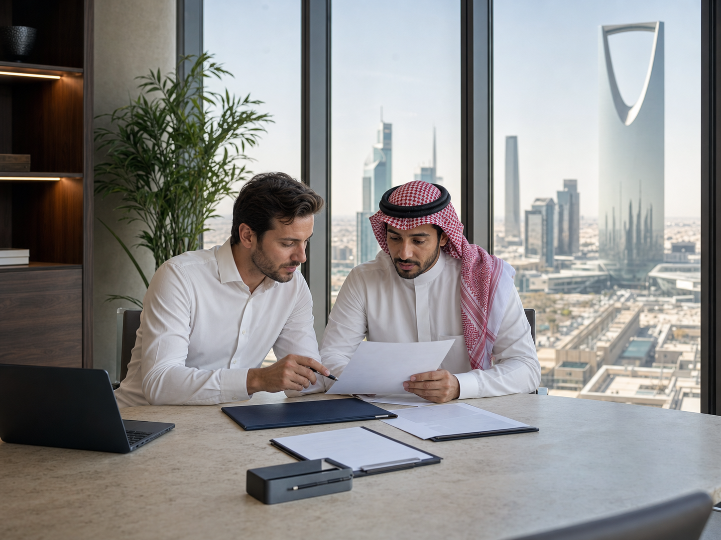 Two founders reviewing Saudi company setup documents in a Riyadh office